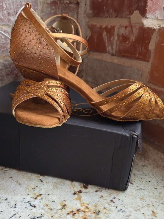 dance and sway Shoes - Strappy Metallic Copper Dance Heels with Rhinestone Accents